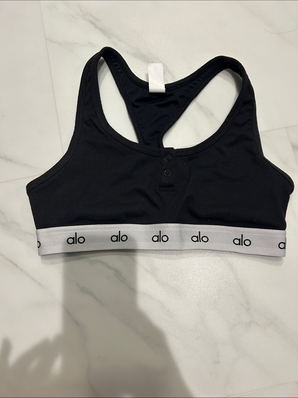 Alo Black Racerback Sports Bra with White Logo Band